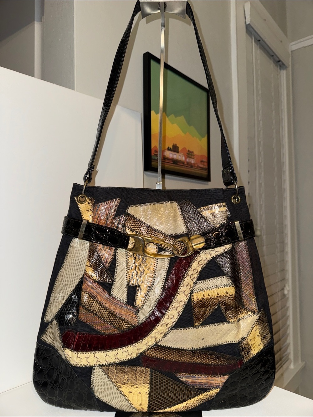 Vintage Bags By Varon Patchwork Exotic Leather Snakeskin Tote Shoulder Bag